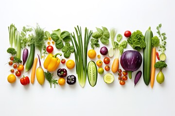 A wide variety of vegetables and spices on a white background