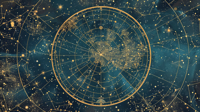 Mapa de constela&ccedil;&otilde;es vintage formado por pequenas estrelas em c&iacute;rculos, com uma composi&ccedil;&atilde;o vintage, tendo o universo ao fundo