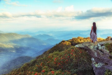 Scenic view of a female in Craggy Gardens on the Blue Ridge Parkway in North Carolina - obrazy, fototapety, plakaty
