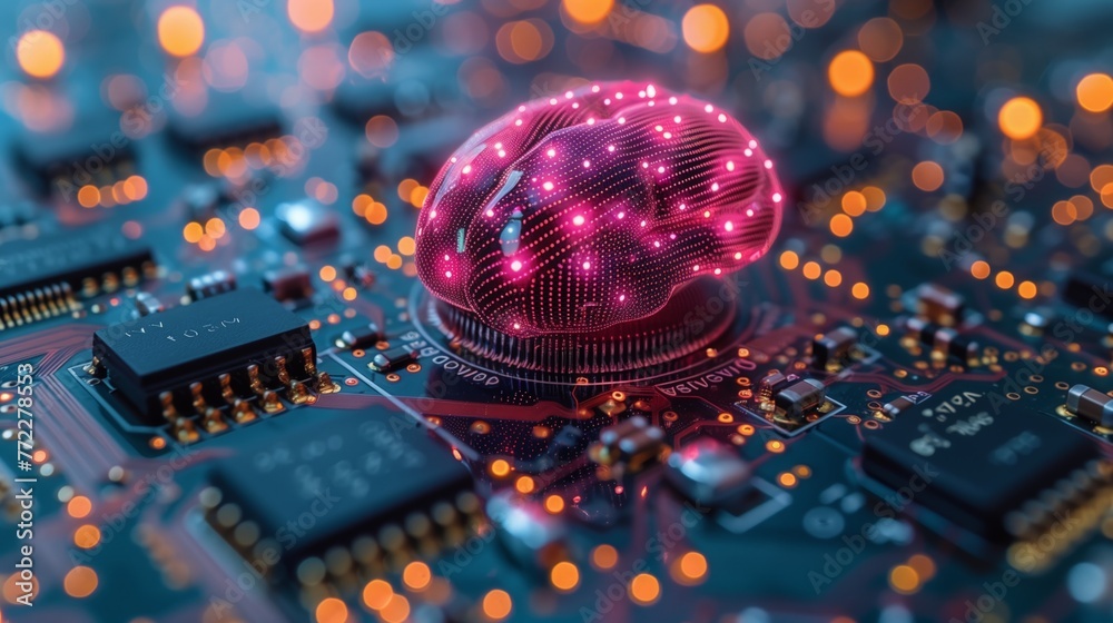 Poster Illuminated Brain Model on Circuit Board Representing AI and Machine Learning