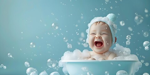 Delightful Baby Splashing in Bubbly Bath Overflowing with Joy and Laughter - obrazy, fototapety, plakaty