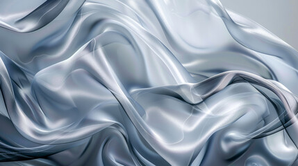 Textile silver silk backdrop. Delicate luxurious, glowing grey satin fabric, with soft, flowing waves creating sense of gentle movement and elegance. Concept of bedding and high-end fashion - obrazy, fototapety, plakaty