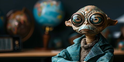 Alien linguist character decodes Earth languages a translator of the terrestrial on an isolated space background with a curious and thoughtful - obrazy, fototapety, plakaty