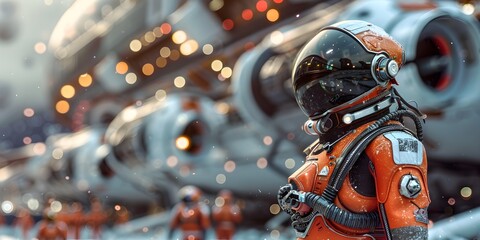 Spaceship Mechanic Maintaining Interstellar Fleets with Advanced Gear in Isolated Futuristic Setting - obrazy, fototapety, plakaty