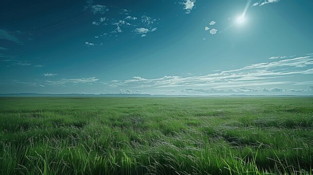 Wide shot of green grass land with clear dark blue sky. Generative AI.