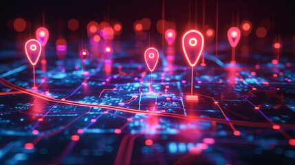 Mapa da cidade em estilo tecnológico, com pontos de referência em tons holográficos vermelhos, representando uma navegação futurista - obrazy, fototapety, plakaty