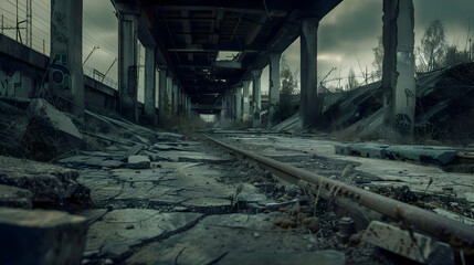 A cracked and crumbling infrastructure, symbolizing the neglect of vital public services - obrazy, fototapety, plakaty