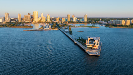 Sunrise at Saint Petersburg, Florida pier with downtown skyline in the background, aerial...