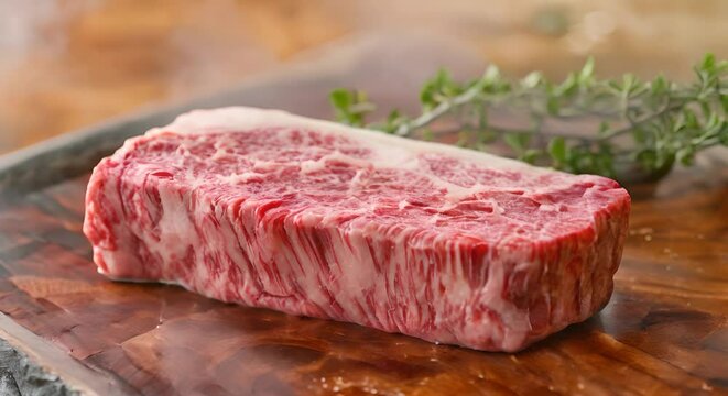 A5 Wagyu beef steak, marbled perfection on a polished cutting board