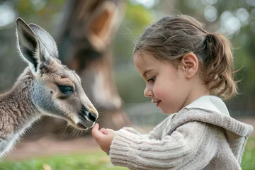 Rolgordijnen Little girl feeding and taming cute kangaroo in the park  © Fabio