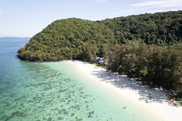 Aerial view of a tropical island with white sandy beaches