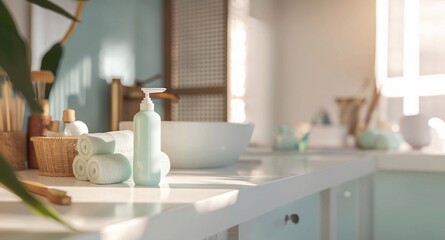 3D rendering of the disinfectant gel for the hand and towel on the white table in the modern interior of the bathroom. - obrazy, fototapety, plakaty