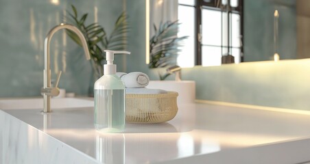 3D rendering of the disinfectant gel for the hand and towel on the white table in the modern interior of the bathroom.