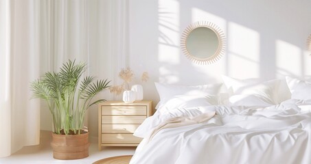3D rendering of a white bedroom with white walls, a mirror and a white bedding on a comfortable bed, modern bedroom interior.