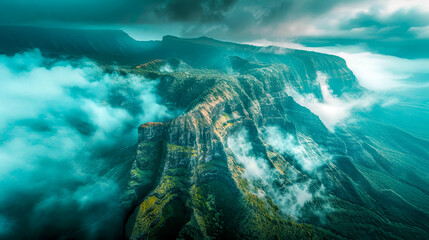 This aerial view showcases a towering mountain shrouded in thick clouds, - obrazy, fototapety, plakaty