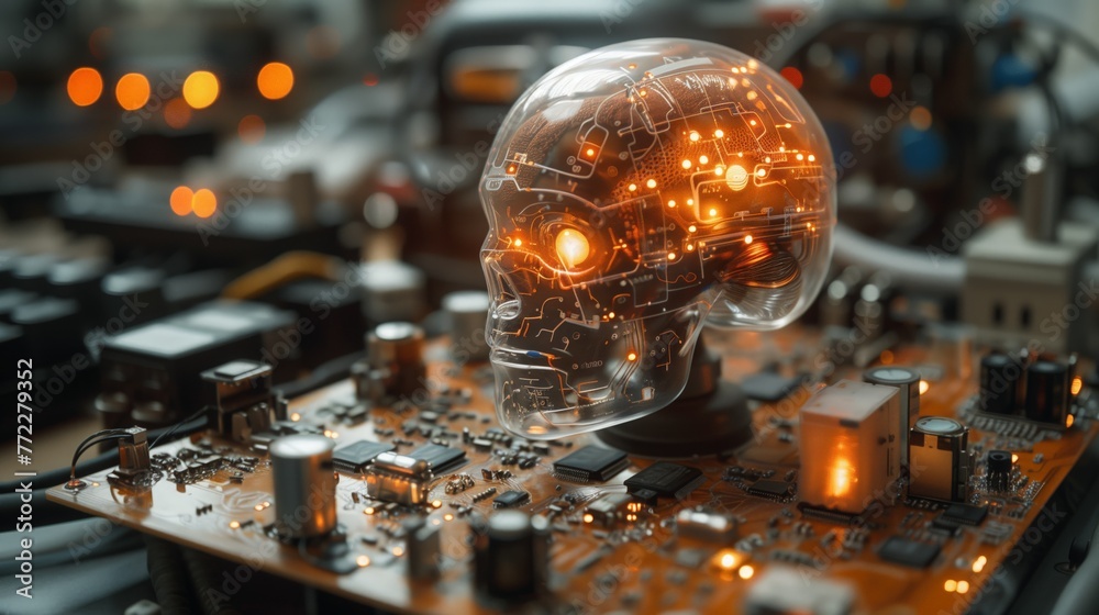 Poster Illuminated Circuit Board Brain on a Tech Workbench
