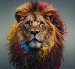 Portrait of a lion with colorful paint splashes on grey background
