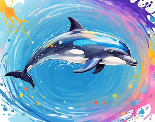 Colorful dolphins swimming in a colorful background, illustrated by illustrators of dolphins in the sea