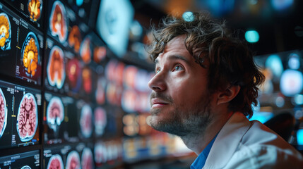 Man Examining Display of Brain Images