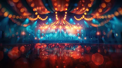 Fotobehang World Circus Day. Holiday concept. circus show stage with colorful lights blur photo effect background, banner, card, poster  © Mahnoor