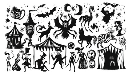 World Circus Day. Holiday concept. set of black and white doodle art style circus logo icons isolated on white background, banner, card, poster 