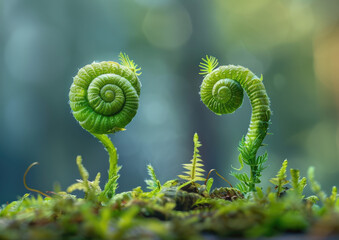 Closeup of two small green plants growing on the vine, forming an S-shaped spiral pattern with...