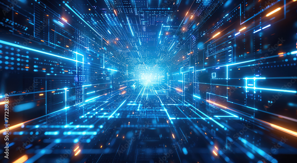 Leinwandbilder abstract futuristic background with blue glowing digital hologram of cyber space interior with lines