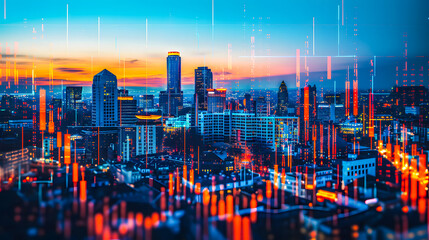 Illustration du monde des affaires avec la ville la nuit et une courbe en surexposition