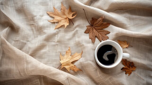 Top view a cup of coffee with autumn dry maple leaves on linen fabric background. AI generated image