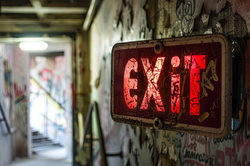 Emergency exit sign, with writing “exit”
