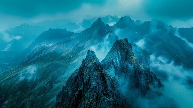 A dense layer of fog and clouds envelops a vast mountain range, reducing visibility and creating a mystical atmosphere. 
