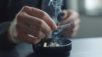 Close up a man putting out cigarette with smoke in ashtray on dark grey table. AI generated image - obrazy, fototapety, plakaty