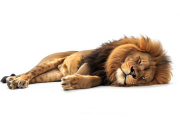 Large adult lion with a large mane, sleeping lion on an isolated white background