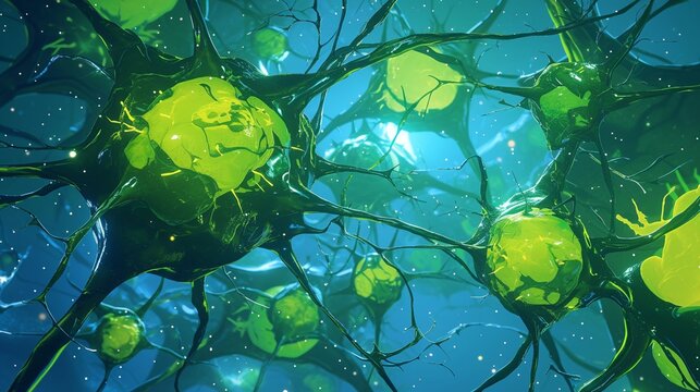 Active microglia, vibrant green, closeup, under microscope, realtime action