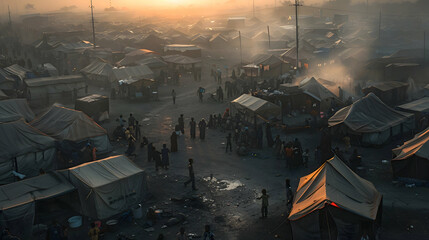 A crowded refugee camp with makeshift tents and limited resources