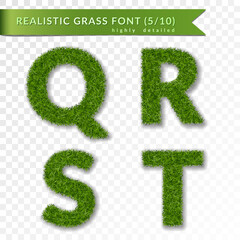 Grass letters Q, R, S, T set alphabet 3D design. Capital letter text. Green font isolated white transparent background. Symbol eco environment, save the planet. Realistic meadow. Vector illustration - 772281322