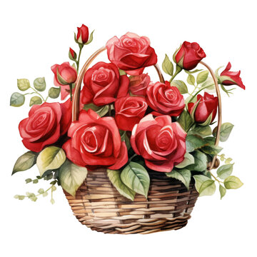 A basket of red roses is the focal point of the image. The roses are arranged in a way that creates a sense of harmony and balance. The basket itself is made of woven material, which adds a rustic