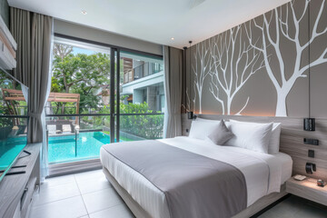 Modern hotel room with white tree wall art decoration, large bed and sofa area, TV on the left side of the desk