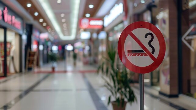 Close up of circle no smoking sign in public area at shopping mall. AI generated image