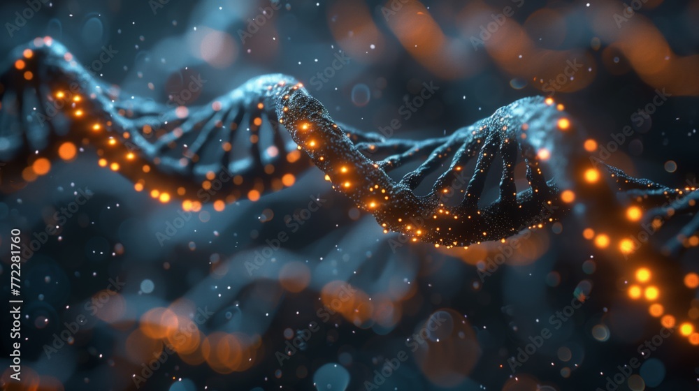 Poster Glowing DNA Helix Structure With Sparkling Lights Against Dark Background