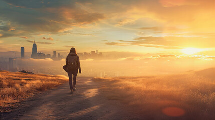 Ilustração de uma pessoa caminhante com mochila no meio da natureza, observando uma grande cidade à frente, representando o conceito de objetivo e chegada - Powered by Adobe