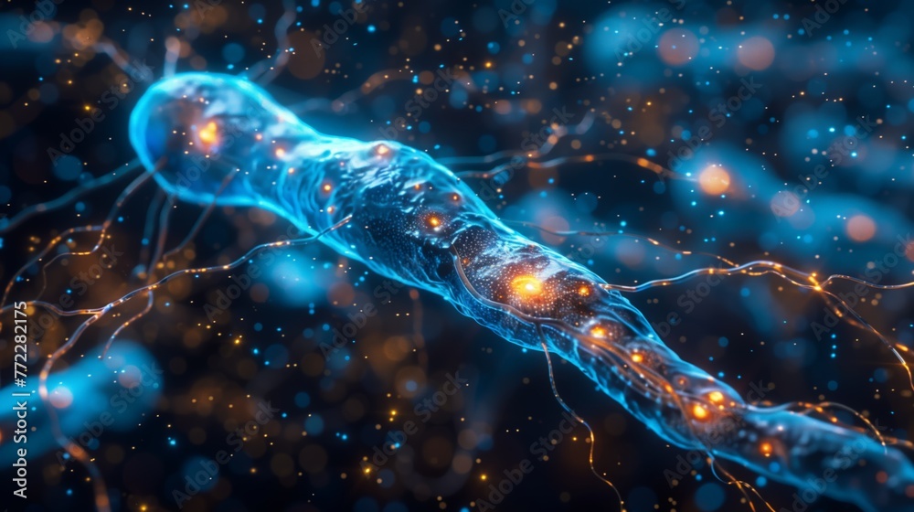 Poster Detailed Visualization of a Neuron With Synaptic Activity in Blue Tones