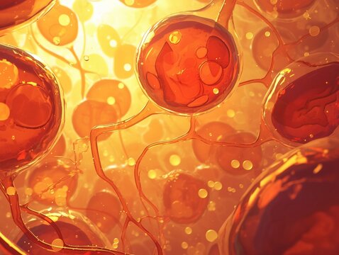 Kidney cells in osmoregulation, close view, warm amber homeostasis, sharp focus, vital activity