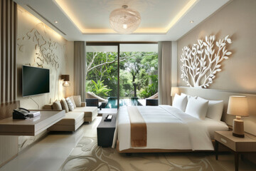 Modern hotel room with white tree wall art decoration, large bed and sofa area, TV on the left side of the desk