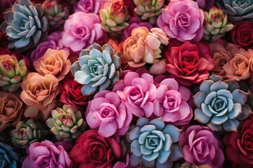 Naklejka premium Delicate Roses succulent flowers petal. Cacti bloom. Generate Ai