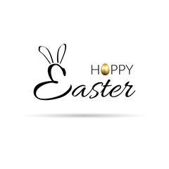 Happy Easter background, decorative text, gold egg texture. Greeting Easter 3D card. Rabbit bunny design. Gold decoration holiday, calligraphic letter inscription. Holiday poster Vector illustration