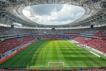 realistic view from middle of football pitch, filled stadium during the da