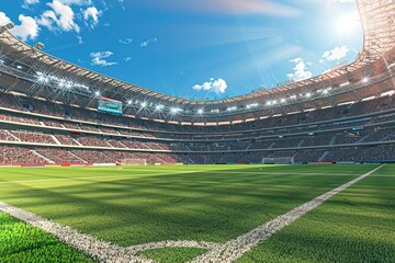 realistic view from middle of football pitch, filled stadium during the da