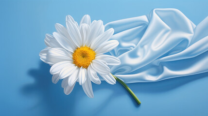  A delicate daisy rests atop a white silk glove, casting a subtle shadow on a pristine blue background. 