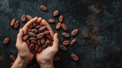Top view woman’s hands holding dried brown cocoa beans isolated on dark background. AI generated